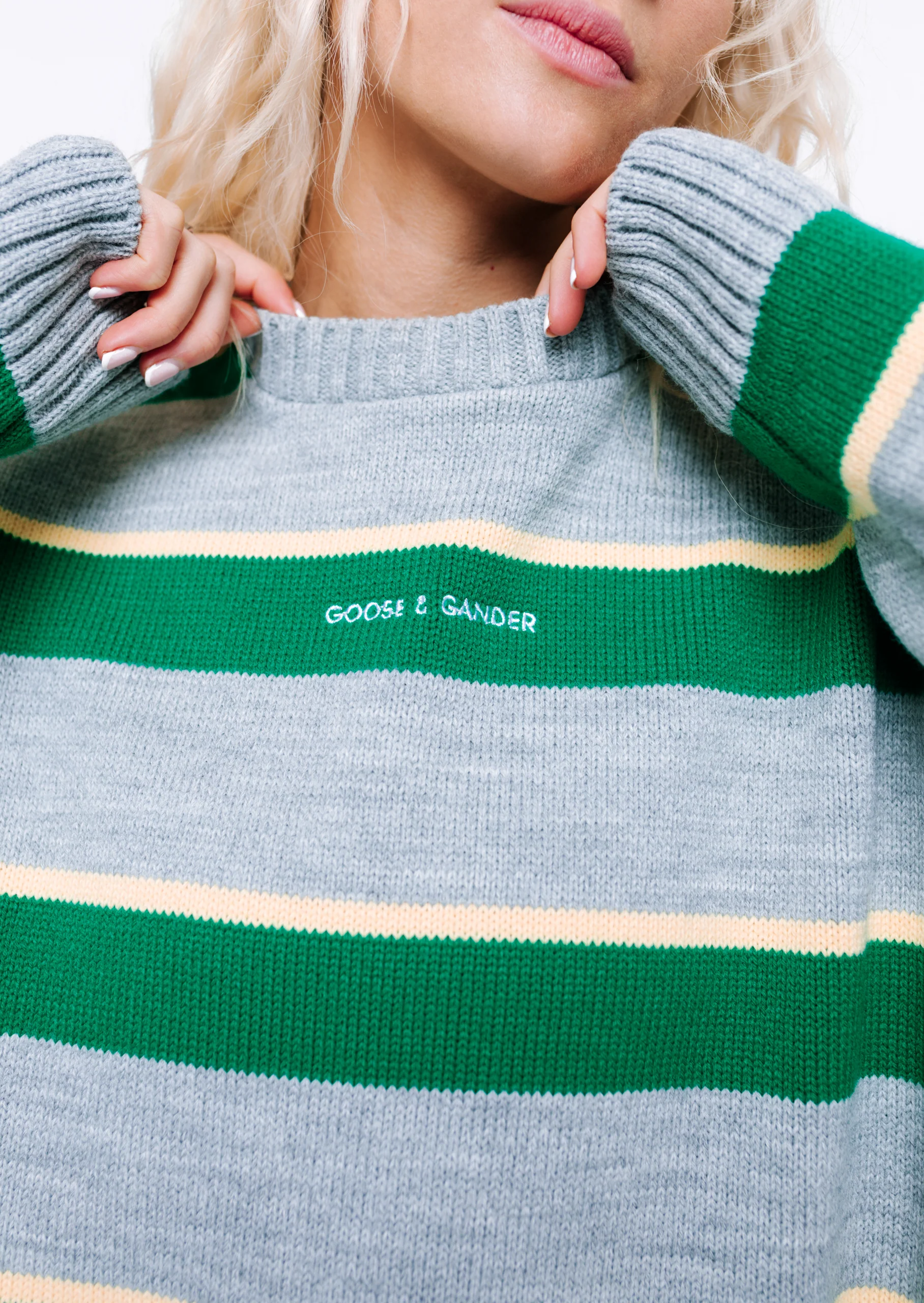 Striped Knitted Writing Sweatshirt - Green/Yellow - Image 6